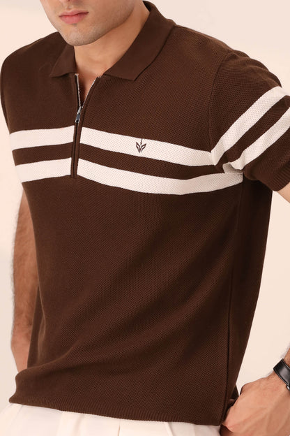 CHOCOLATE STRIPED MESH KNITTED POLO