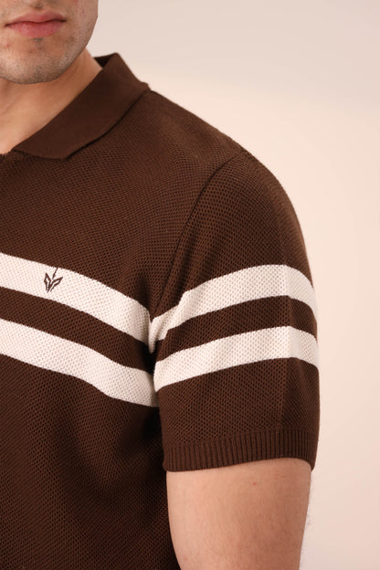 CHOCOLATE STRIPED MESH KNITTED POLO