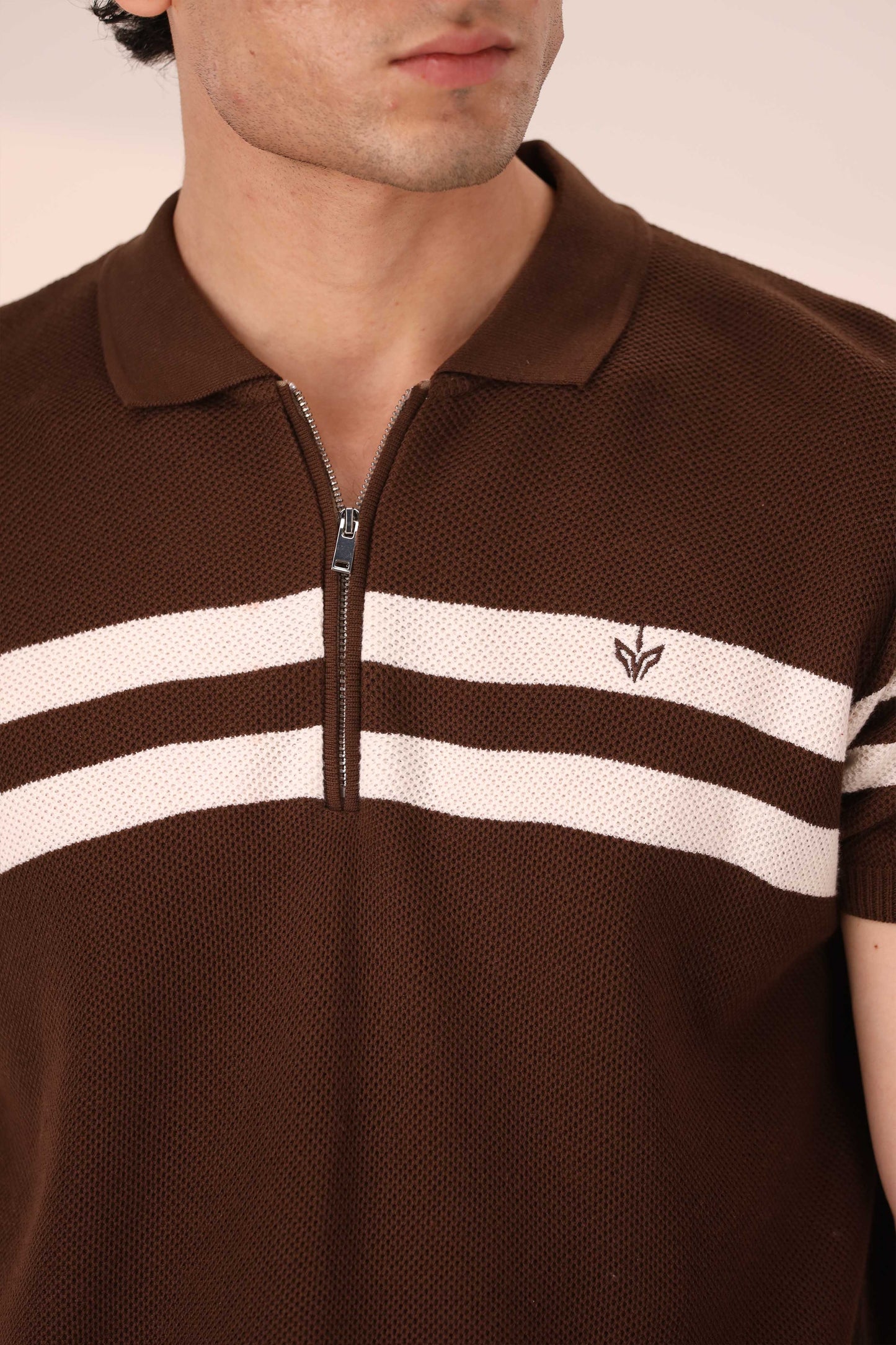 CHOCOLATE STRIPED MESH KNITTED POLO