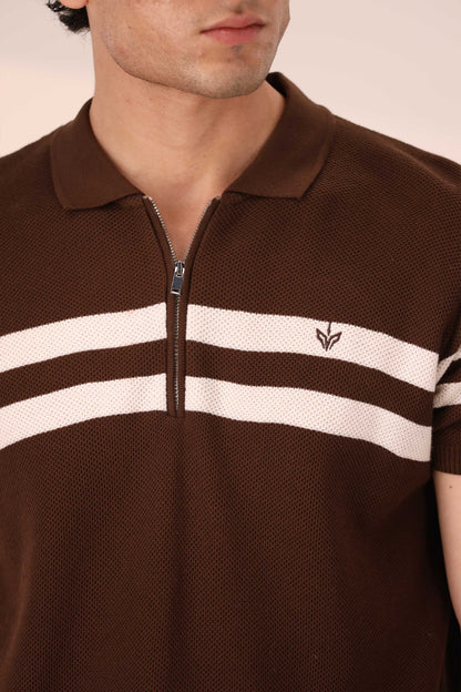 CHOCOLATE STRIPED MESH KNITTED POLO