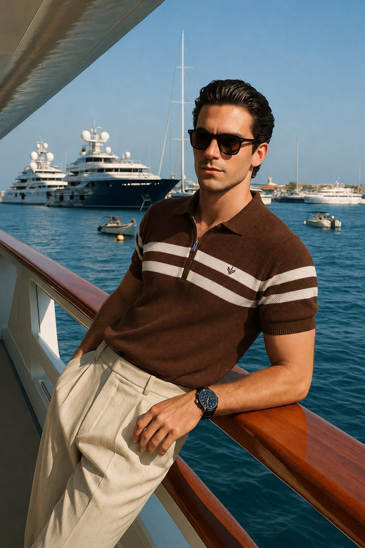 CHOCOLATE STRIPED MESH KNITTED POLO