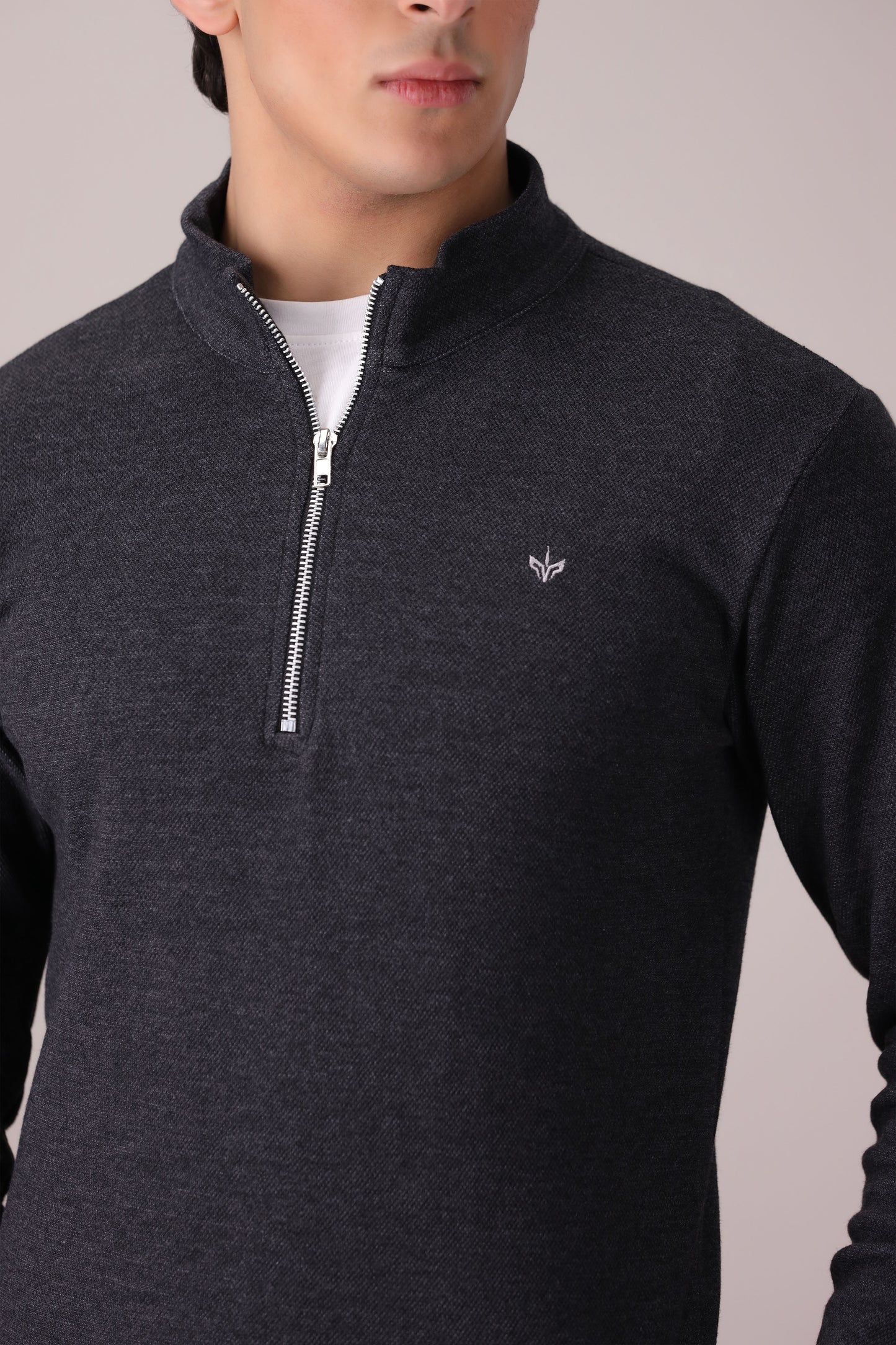 CHARCOAL TEXTURED KNIT QUARTER ZIPPER