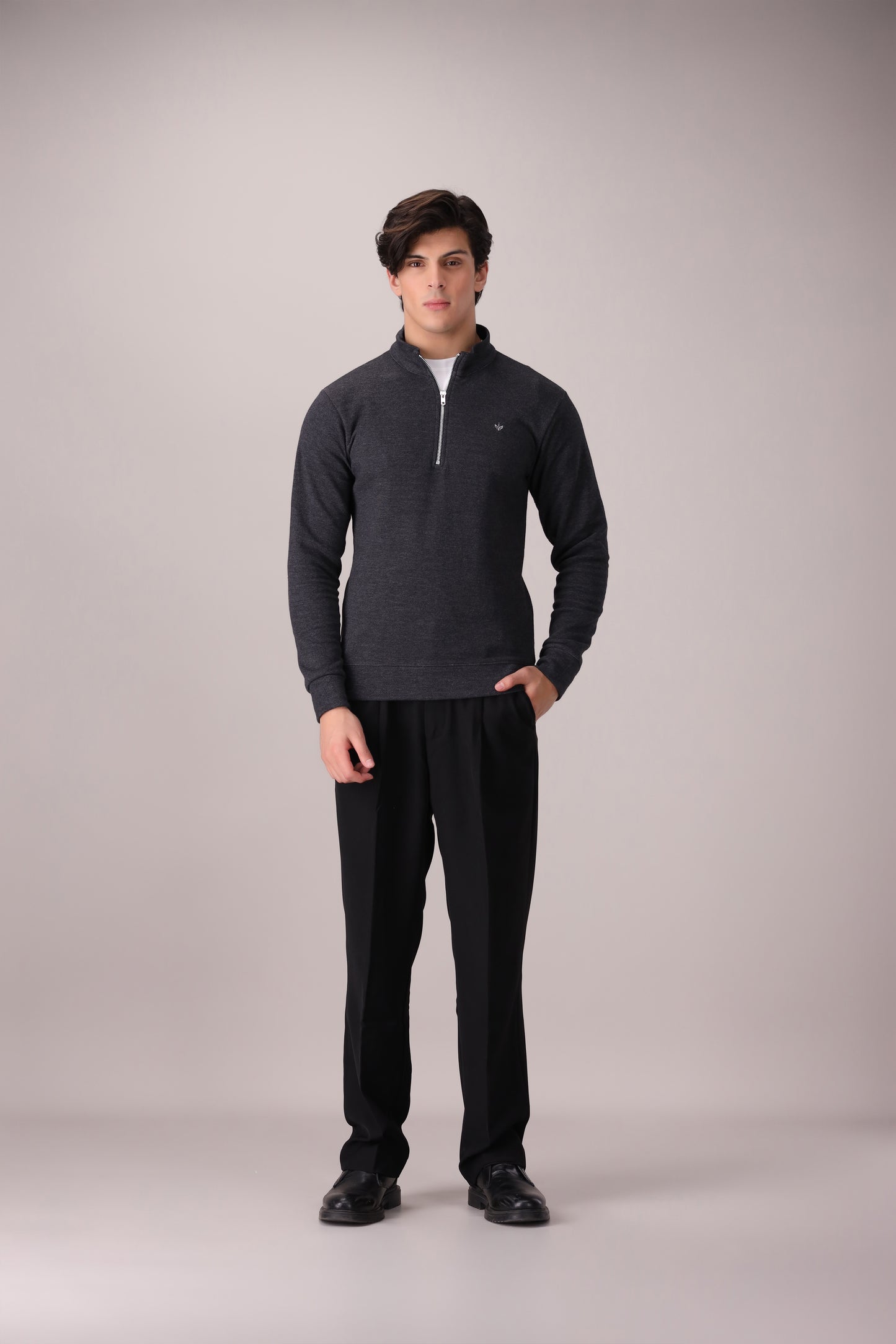 CHARCOAL TEXTURED KNIT QUARTER ZIPPER