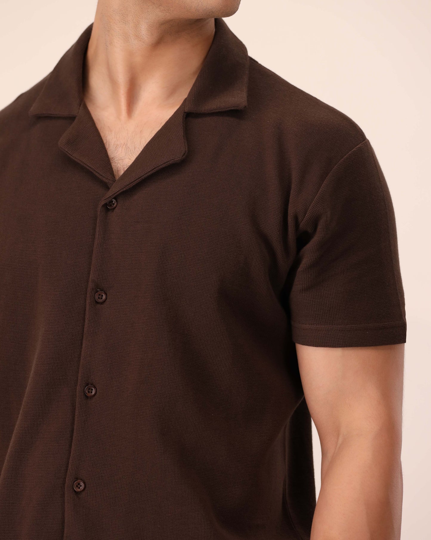 DARK BROWN WAFFLE KNIT CUBAN SHIRT