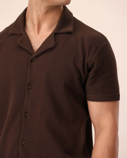 DARK BROWN WAFFLE KNIT CUBAN SHIRT