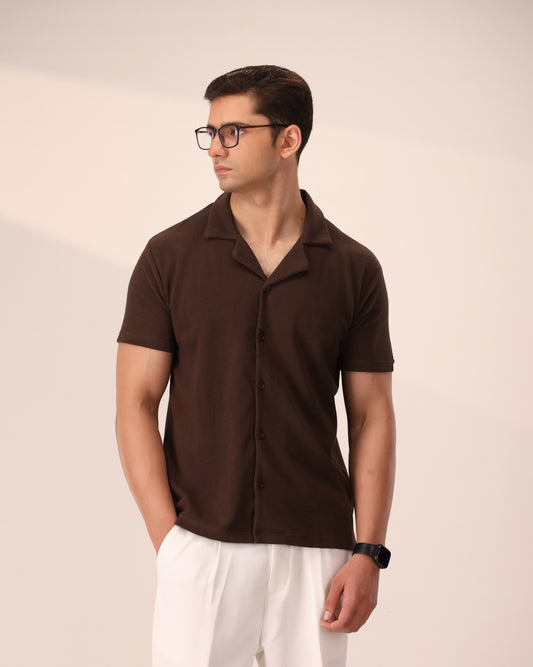 DARK BROWN WAFFLE KNIT CUBAN SHIRT