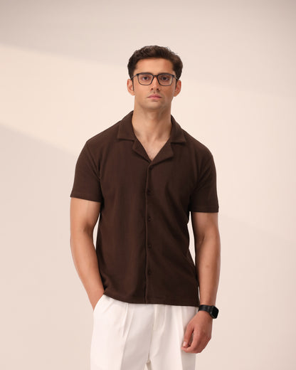 DARK BROWN WAFFLE KNIT CUBAN SHIRT