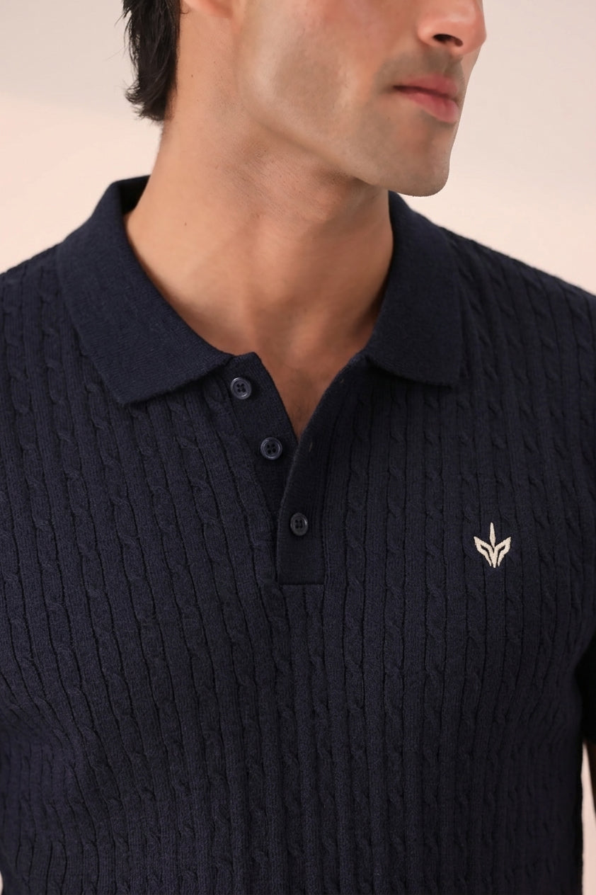 DARK NAVY CABLE KNIT POLO