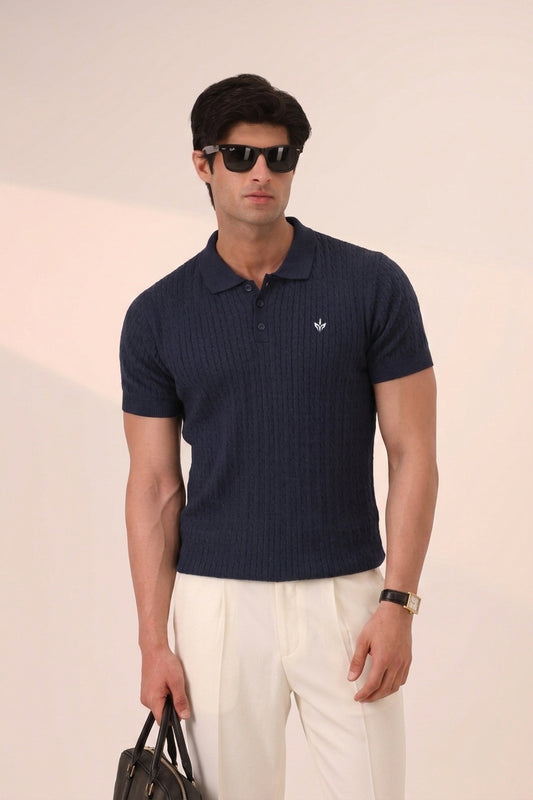 DARK NAVY CABLE KNIT POLO