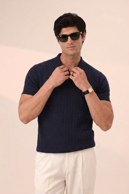 DARK NAVY CABLE KNIT POLO