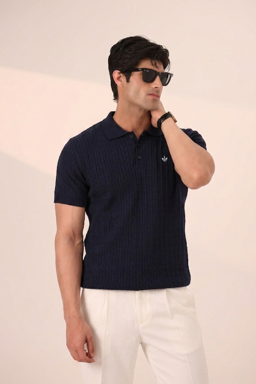 DARK NAVY CABLE KNIT POLO