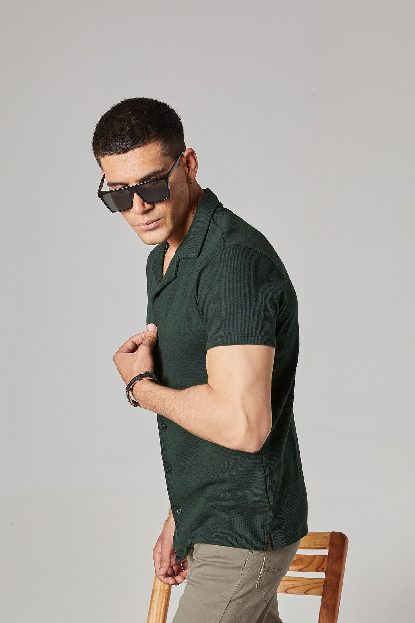 DARK GREEN WAFFLE KNIT CUBAN SHIRT