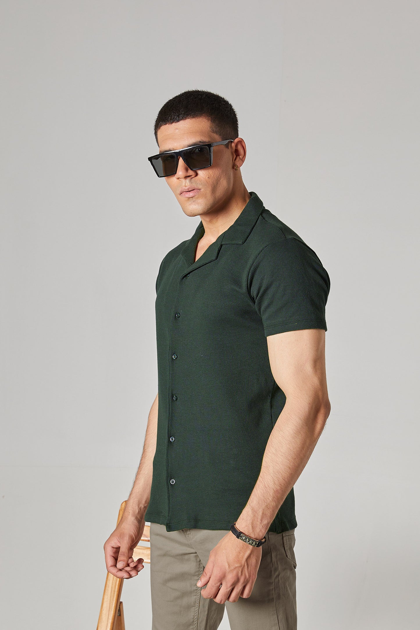 DARK GREEN WAFFLE KNIT CUBAN SHIRT