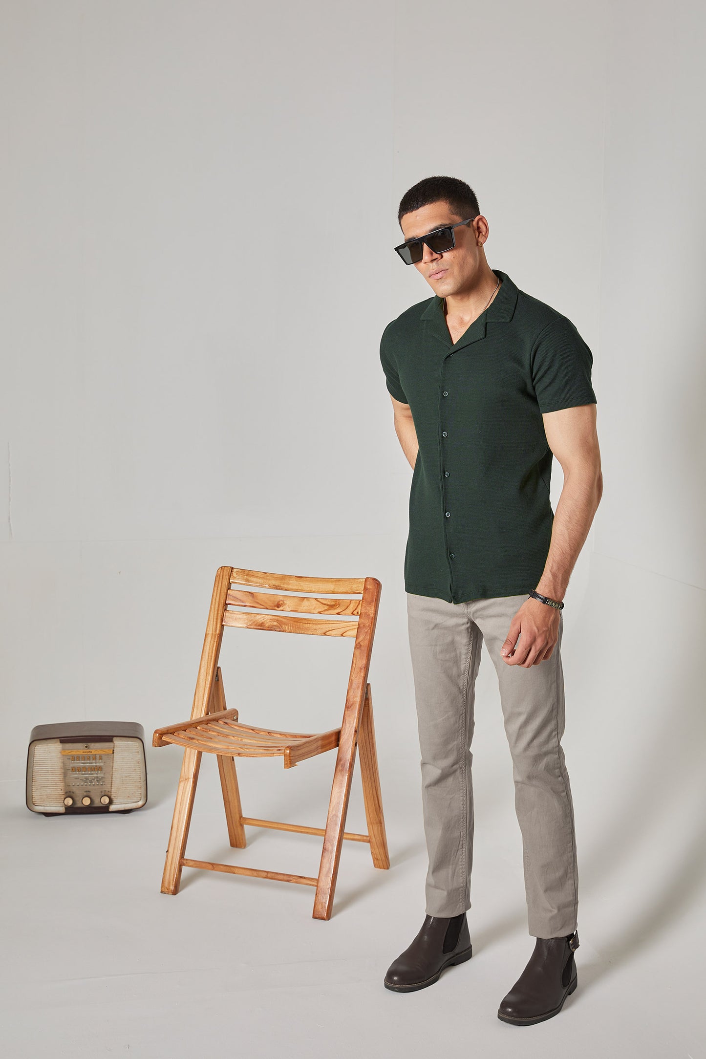 DARK GREEN WAFFLE KNIT CUBAN SHIRT