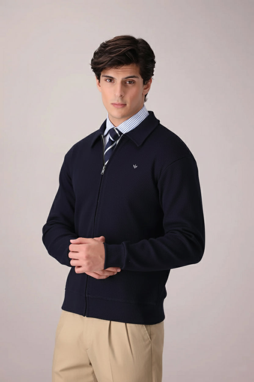 DARK NAVY RIB KNITTED FULL ZIPPER