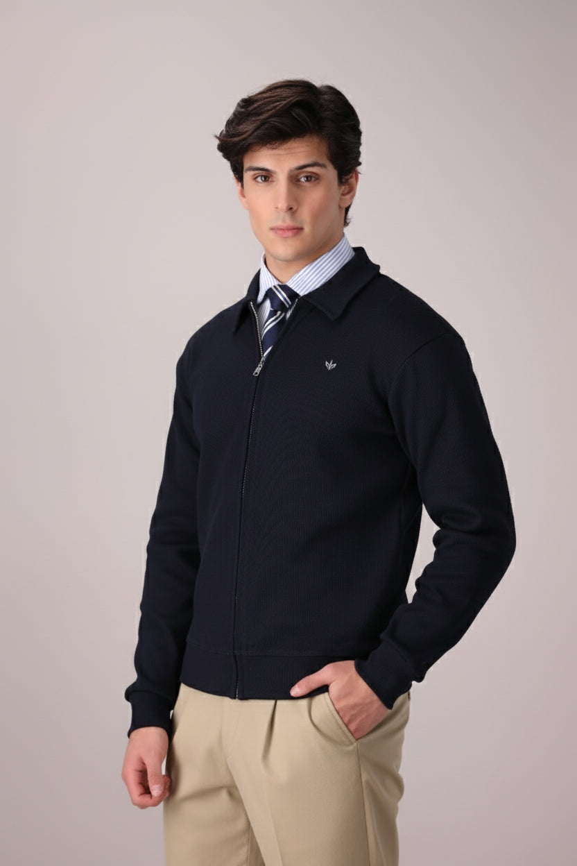 DARK NAVY RIB KNITTED FULL ZIPPER