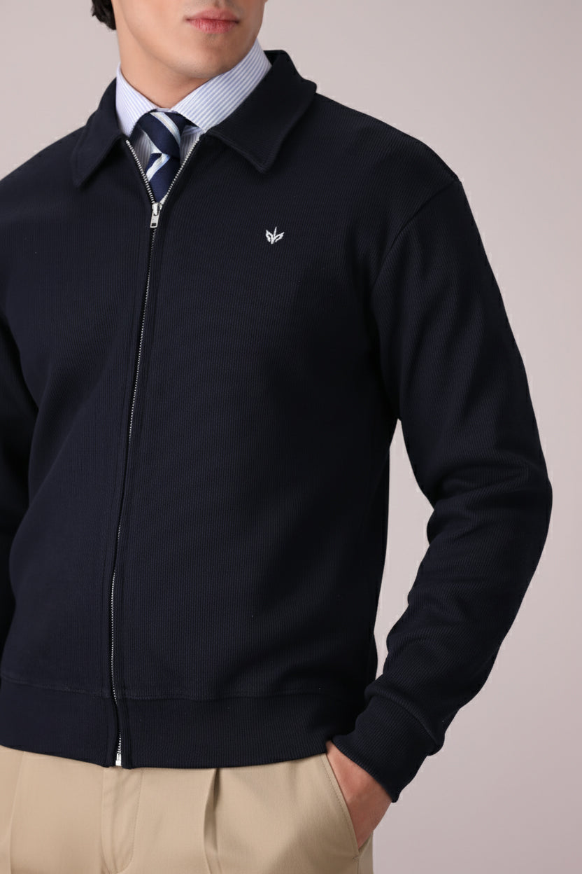 DARK NAVY RIB KNITTED FULL ZIPPER