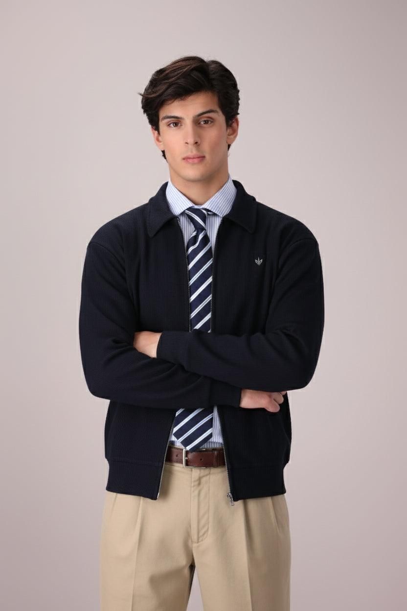 DARK NAVY RIB KNITTED FULL ZIPPER