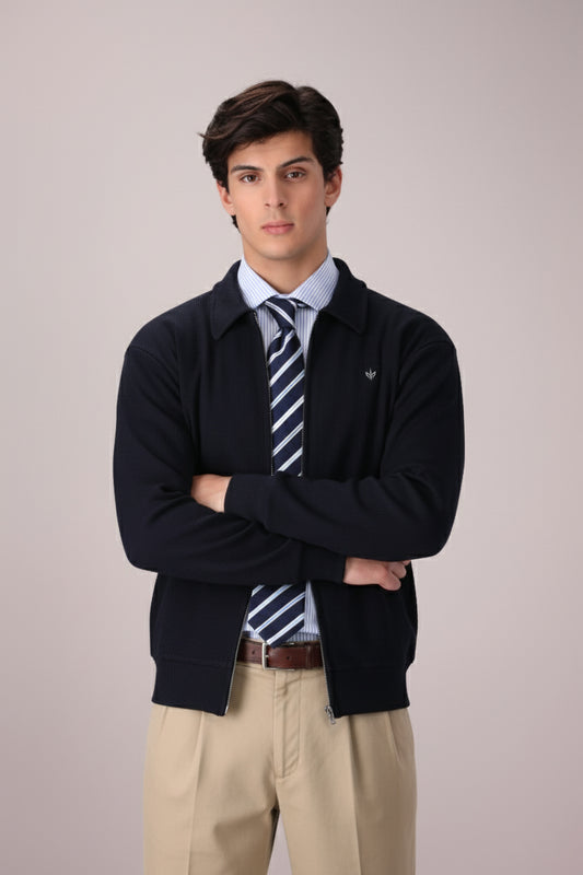 DARK NAVY RIB KNITTED FULL ZIPPER
