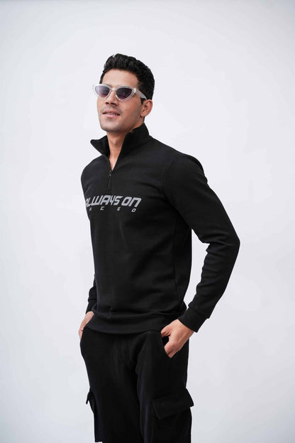 BLACK GRAPHIC MOCK-NECK SWEATSHIRT