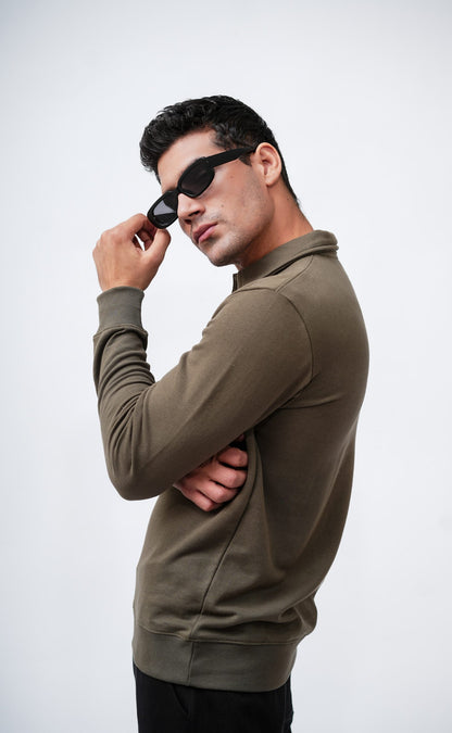 OLIVE POLO SWEATSHIRT