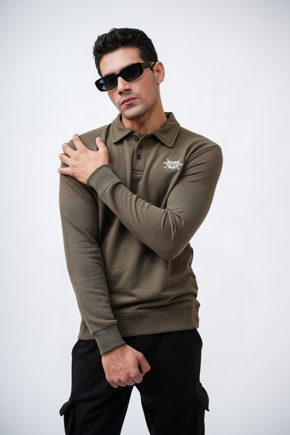 OLIVE POLO SWEATSHIRT