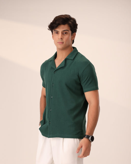 FOREST GREEN WAFFLE KNIT CUBAN SHIRT