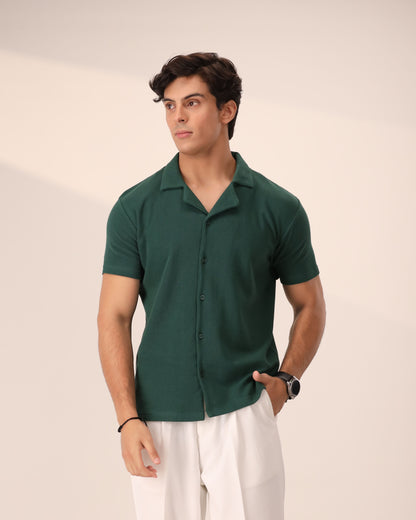 FOREST GREEN WAFFLE KNIT CUBAN SHIRT