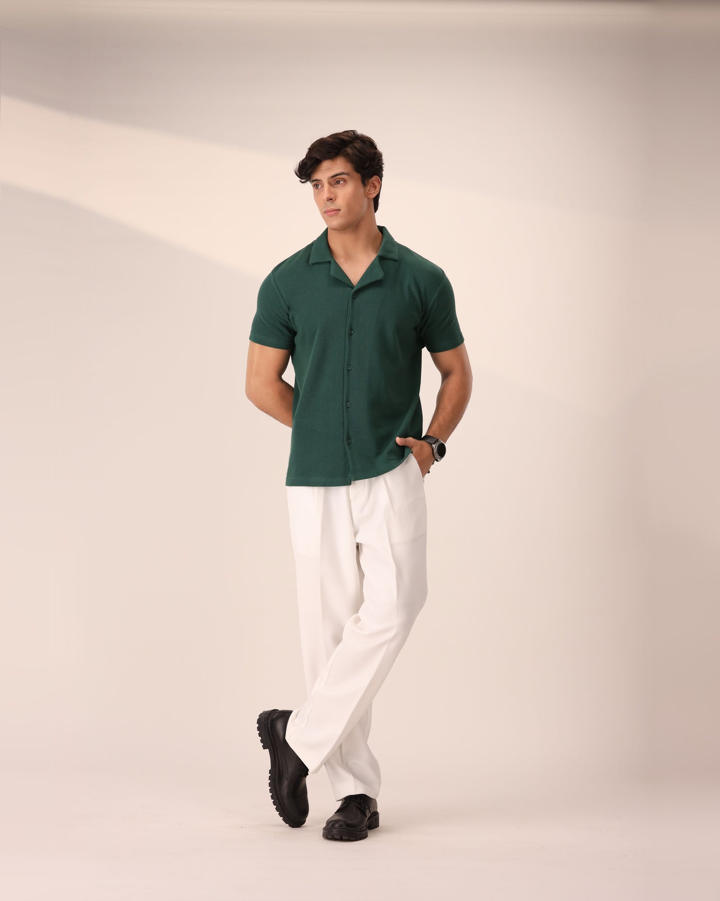 FOREST GREEN WAFFLE KNIT CUBAN SHIRT