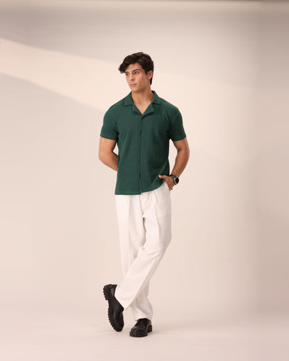 FOREST GREEN WAFFLE KNIT CUBAN SHIRT