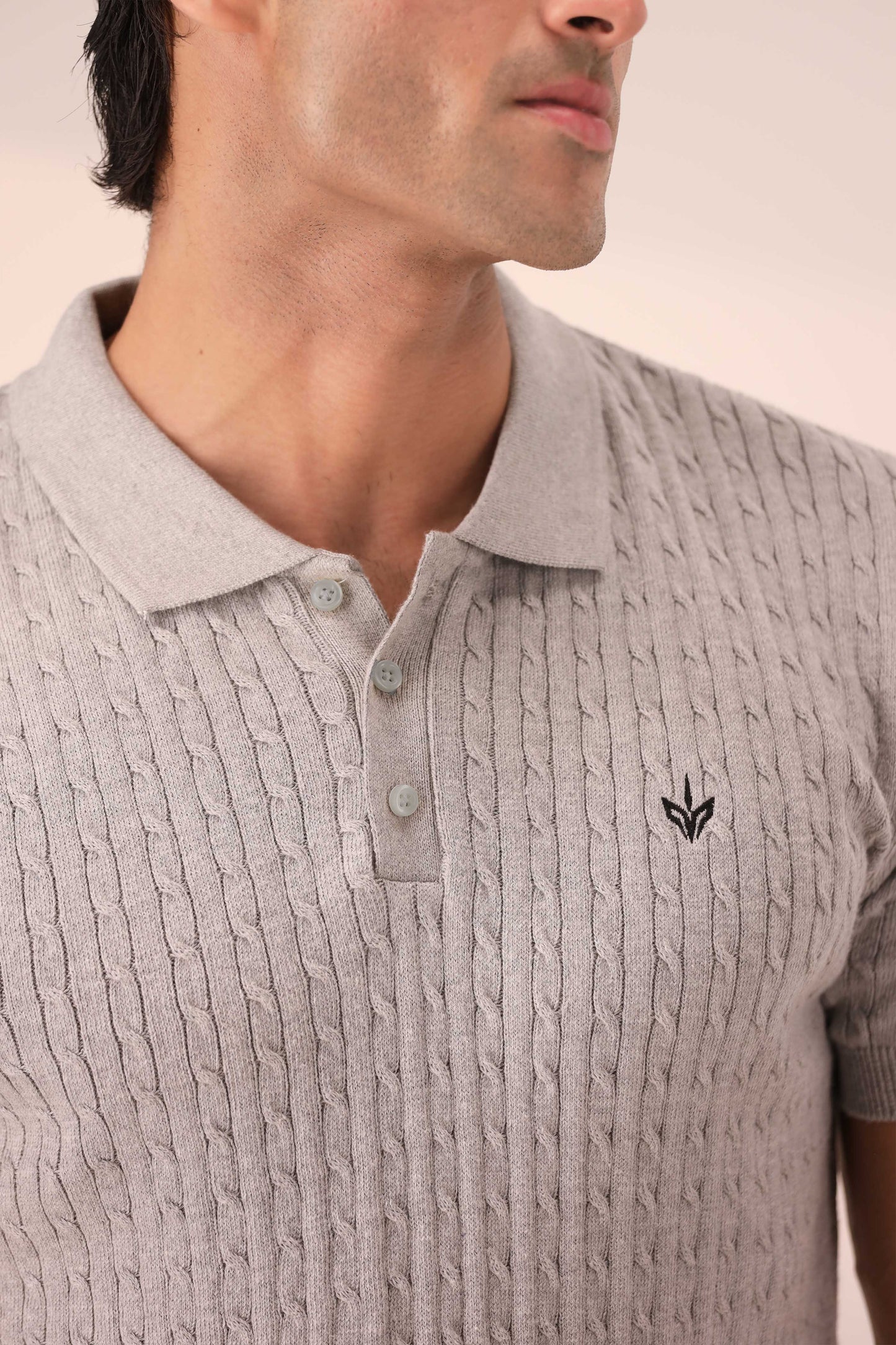 HEATHER GREY CABLE KNIT POLO