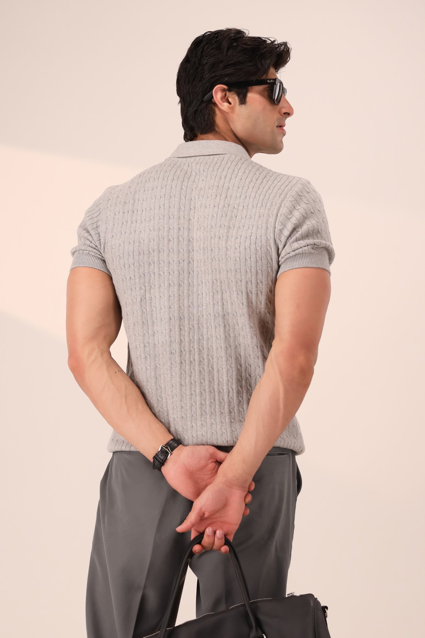 HEATHER GREY CABLE KNIT POLO