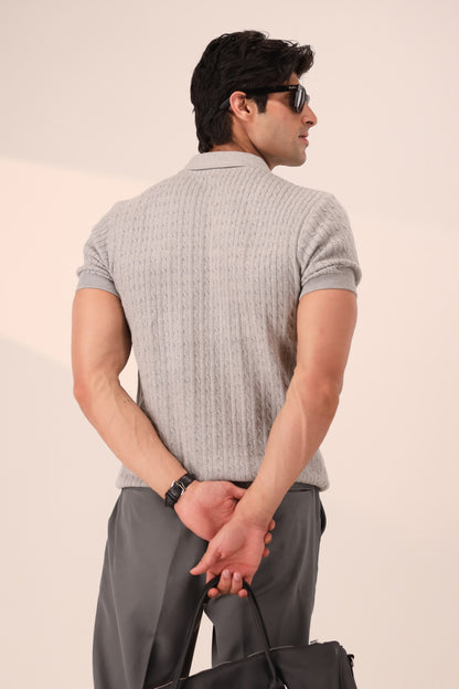 HEATHER GREY CABLE KNIT POLO