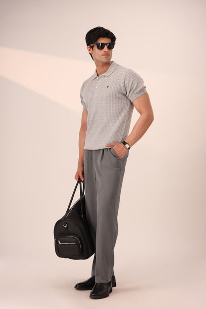 HEATHER GREY CABLE KNIT POLO
