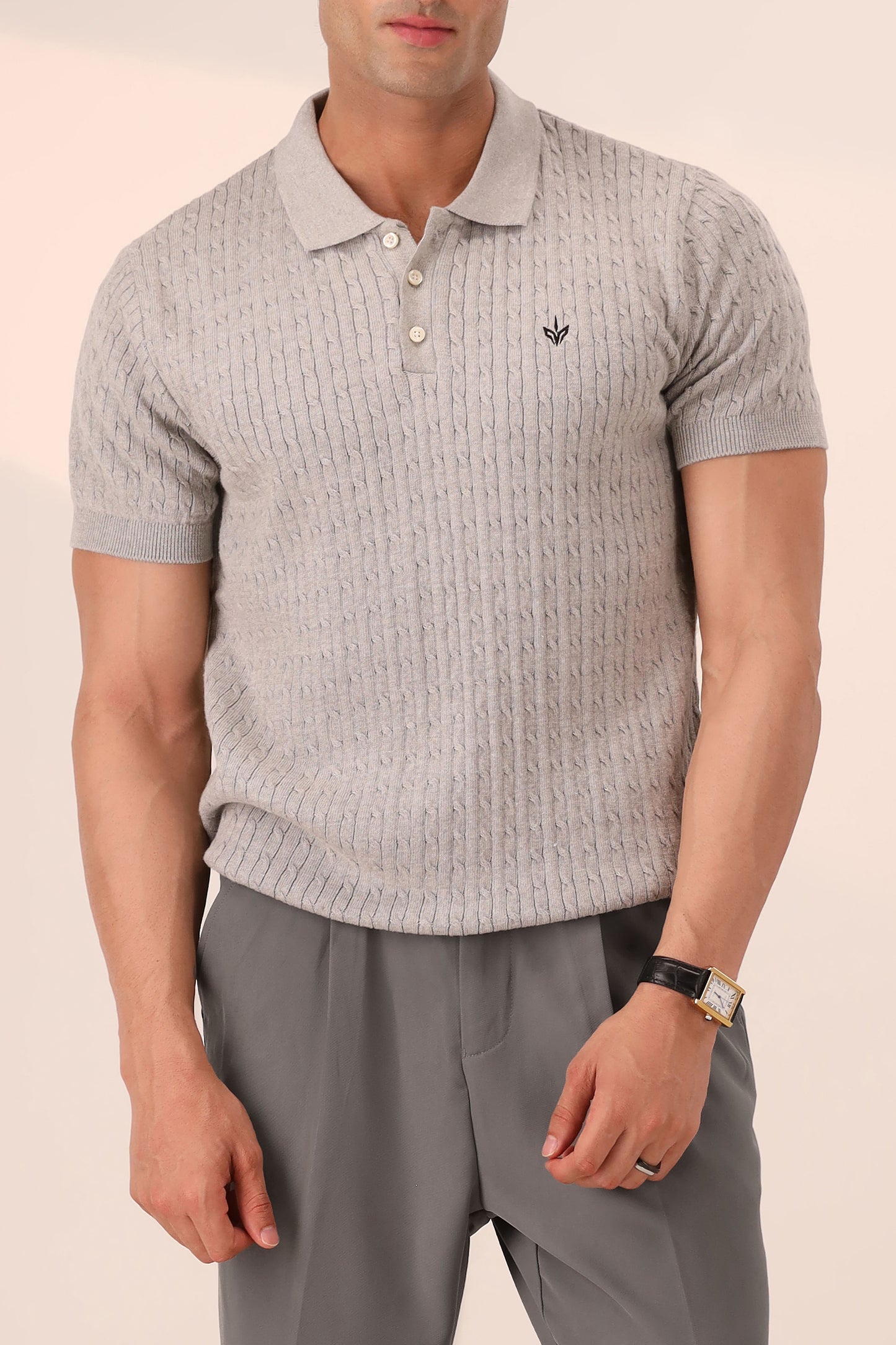 HEATHER GREY CABLE KNIT POLO