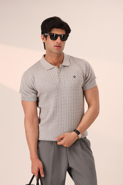 HEATHER GREY CABLE KNIT POLO