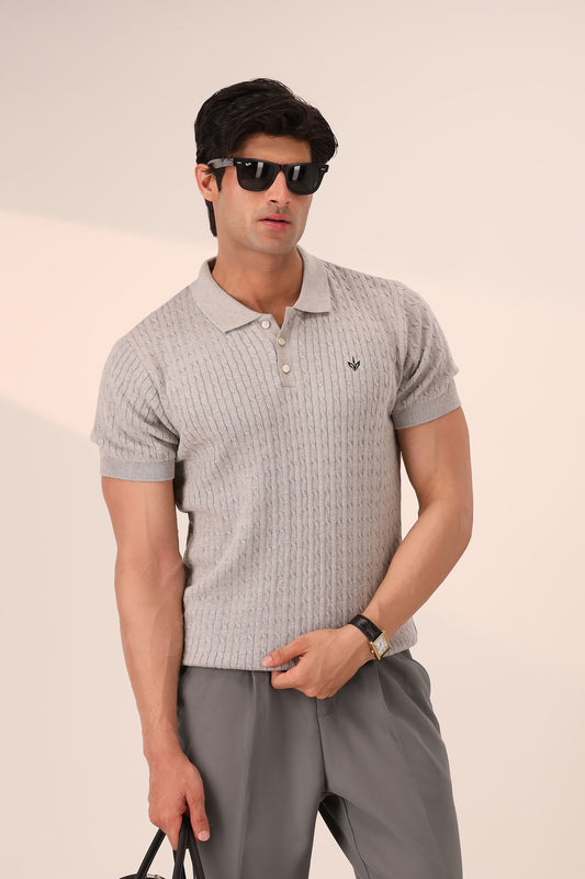 HEATHER GREY CABLE KNIT POLO
