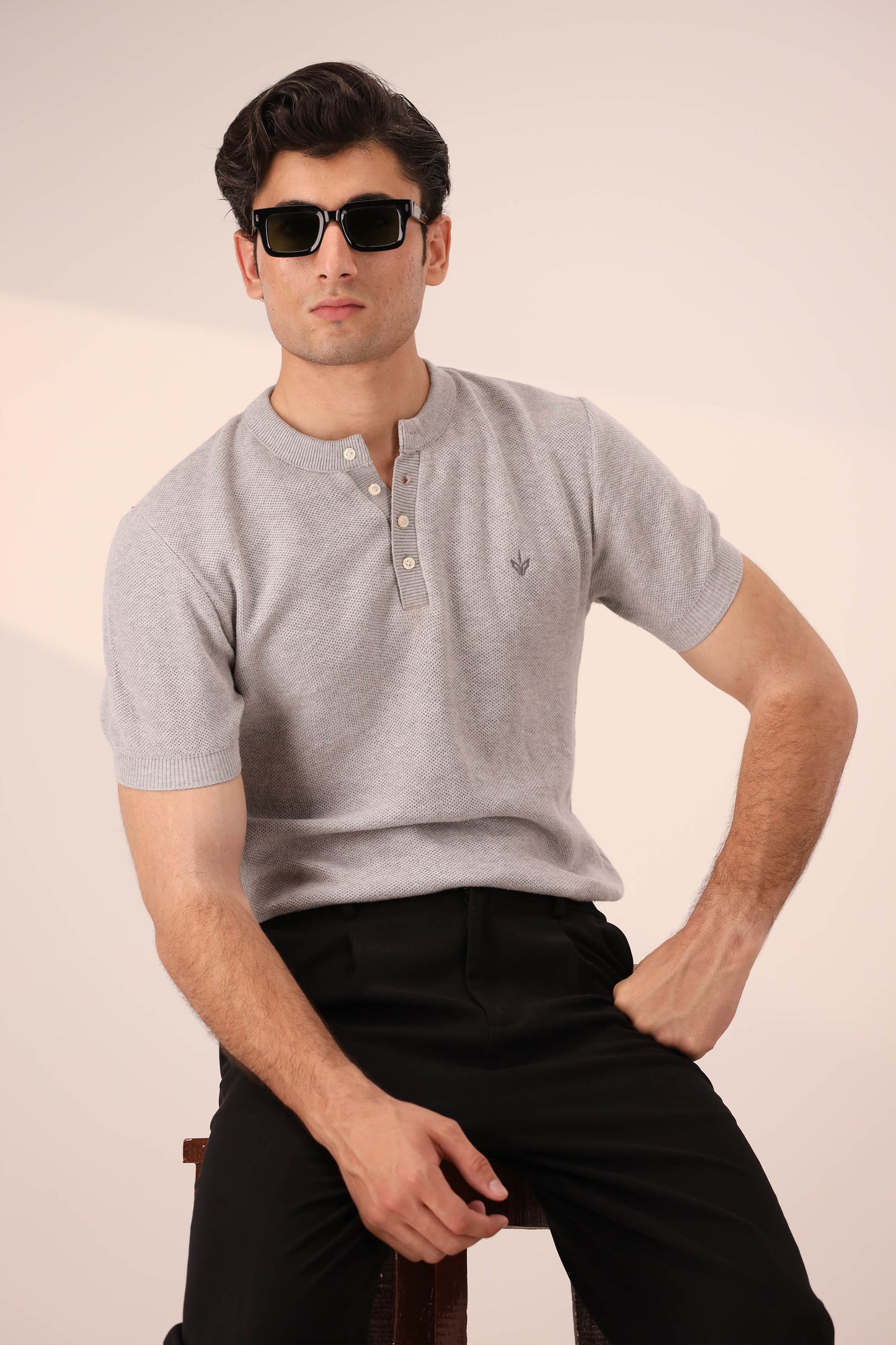 HEATHER GREY MESH KNITTED HENLEY