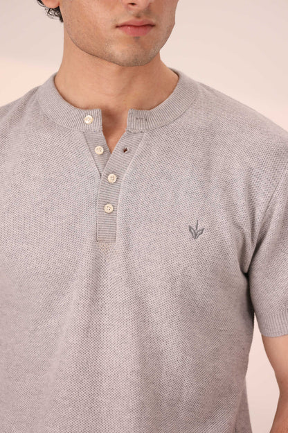 HEATHER GREY MESH KNITTED HENLEY