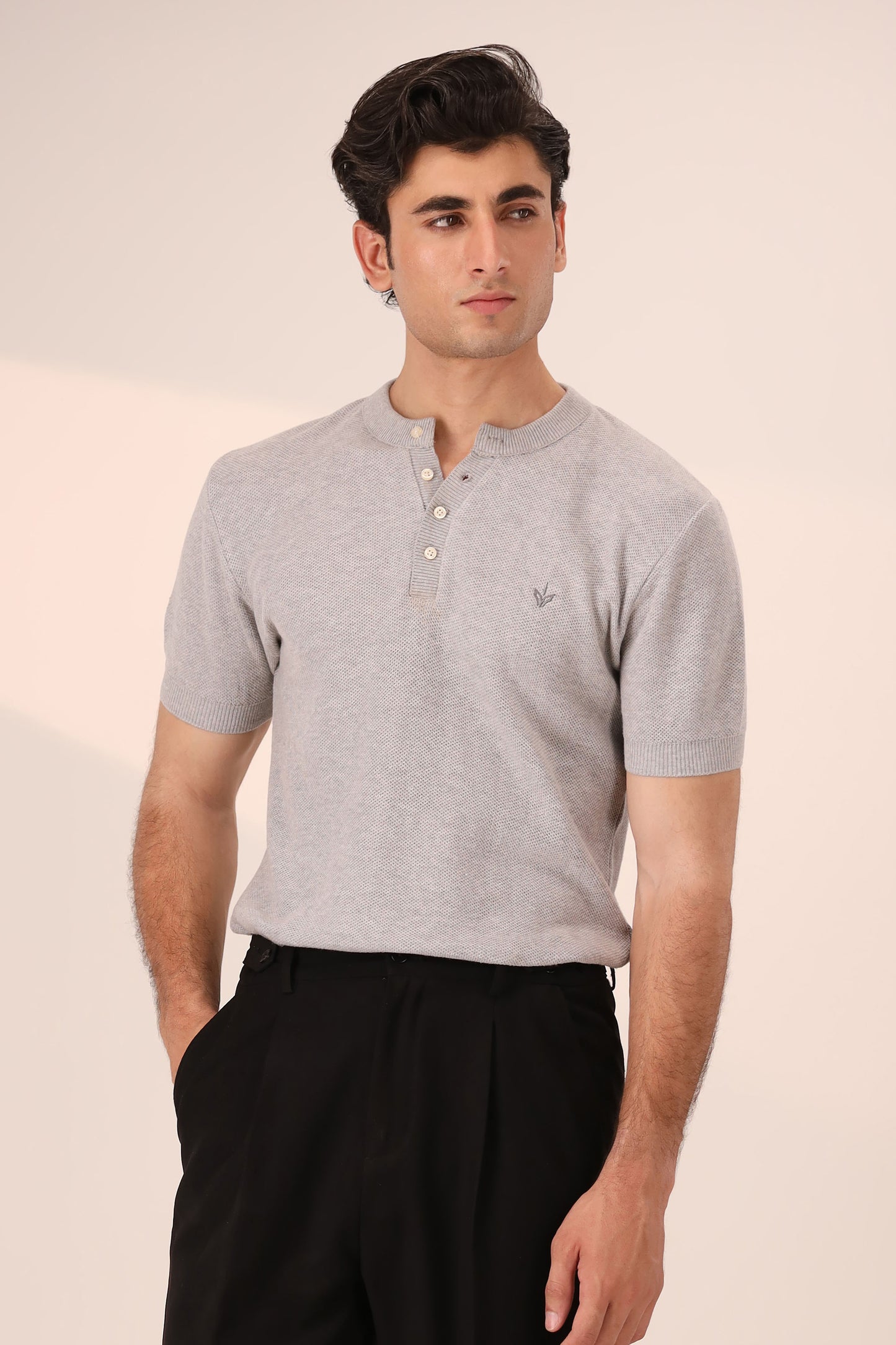 HEATHER GREY MESH KNITTED HENLEY