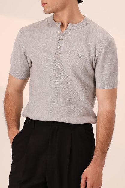 HEATHER GREY MESH KNITTED HENLEY