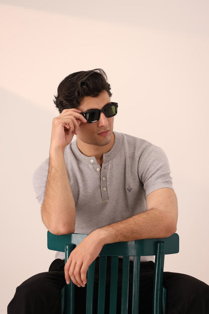 HEATHER GREY MESH KNITTED HENLEY