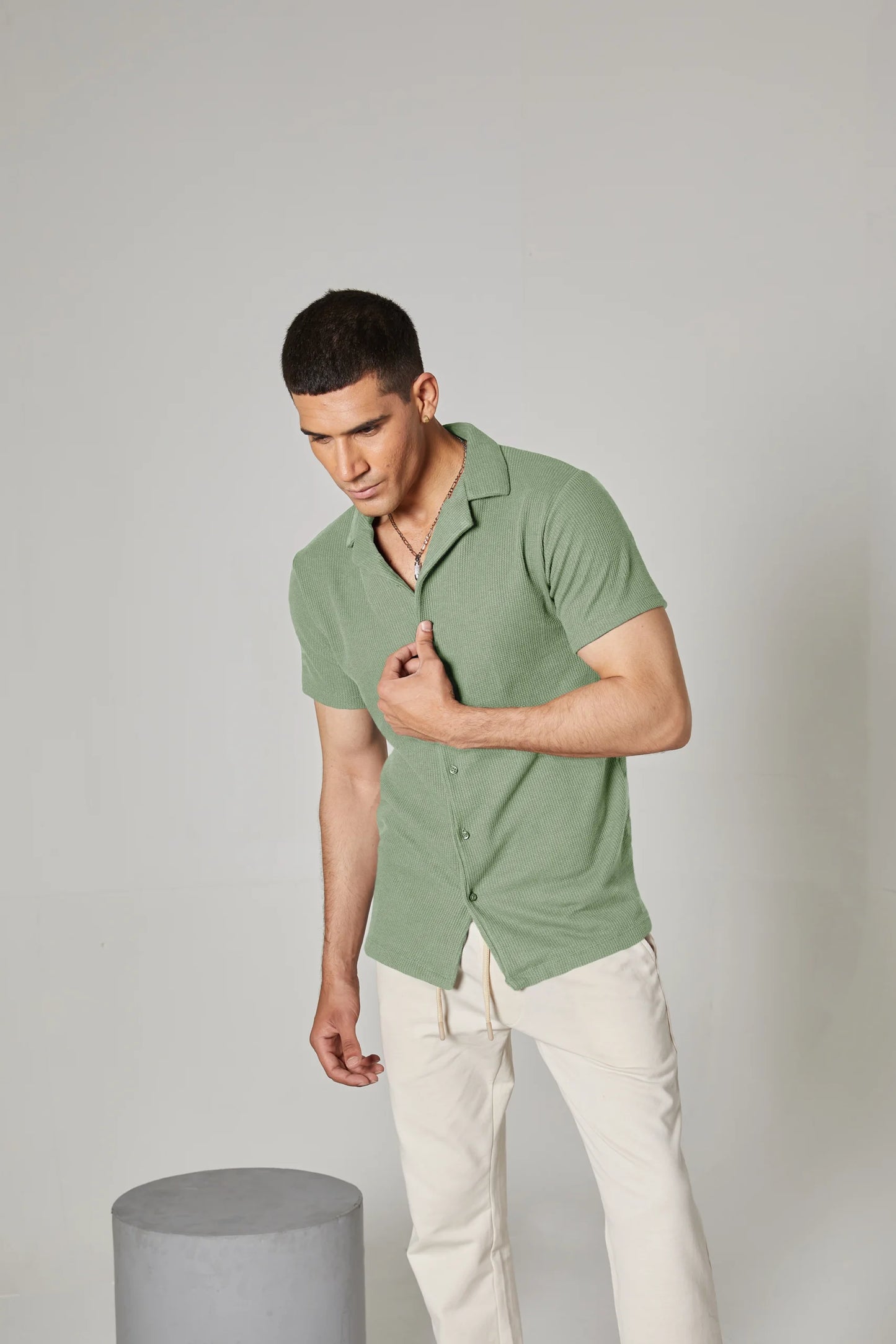 SMOKE GREEN WAFFLE KNIT CUBAN SHIRT