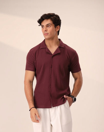 MAROON WAFFLE KNIT CUBAN SHIRT