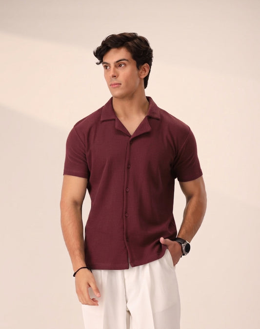 MAROON WAFFLE KNIT CUBAN SHIRT