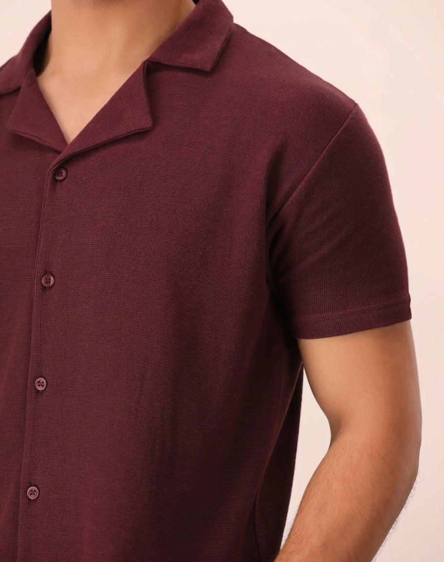 MAROON WAFFLE KNIT CUBAN SHIRT