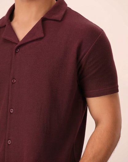 MAROON WAFFLE KNIT CUBAN SHIRT