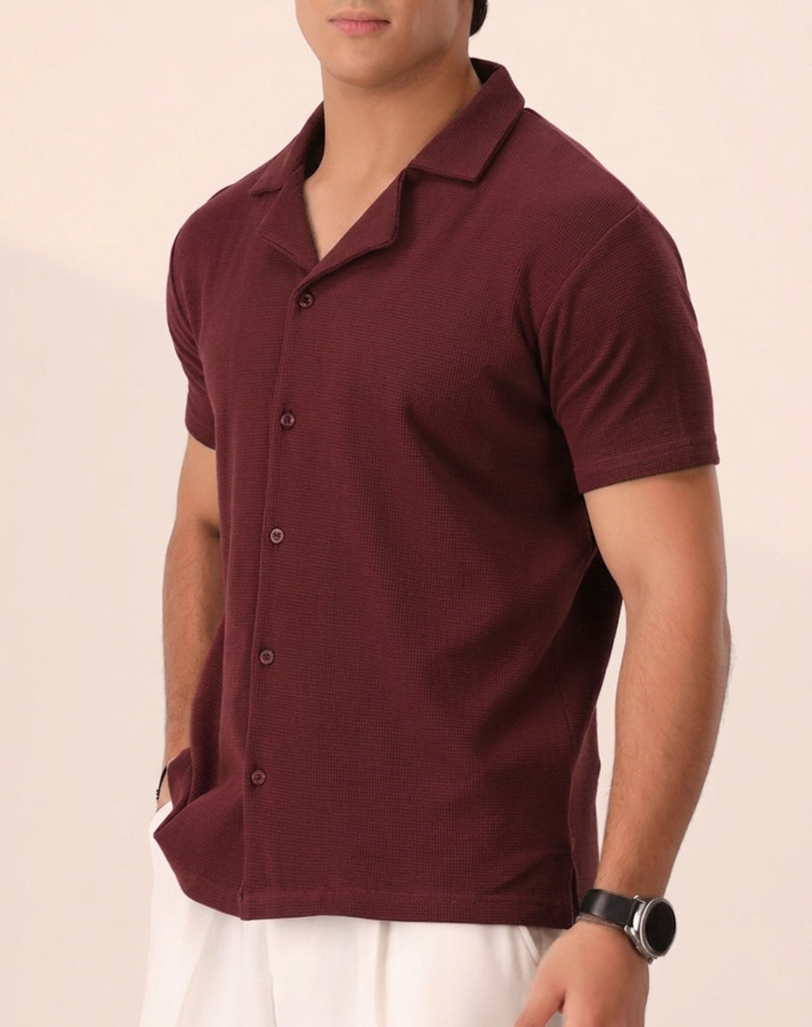 MAROON WAFFLE KNIT CUBAN SHIRT