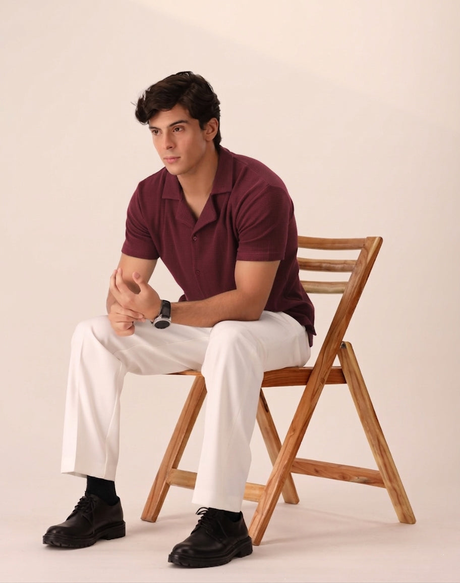 MAROON WAFFLE KNIT CUBAN SHIRT