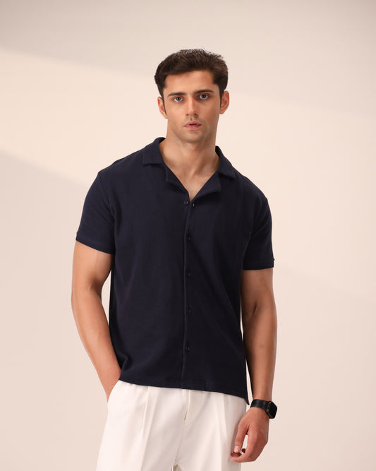 NAVY WAFFLE KNIT CUBAN SHIRT
